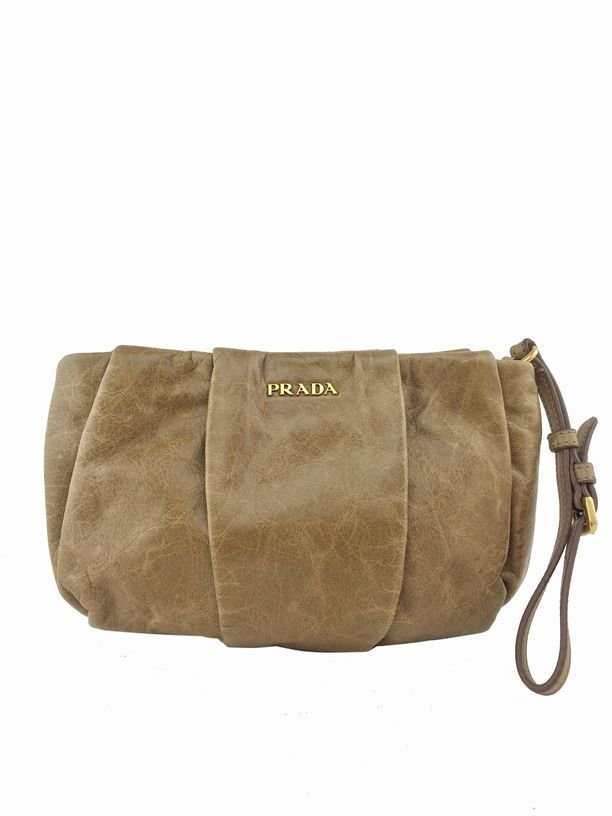 Prada: Vitello Pleated Leather Clutch, Camel (1 of 4)