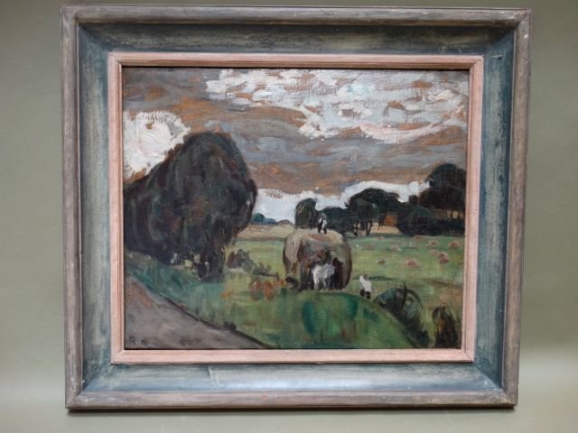 Ejnar Hansen “Hay Harvest” Landscape (1909): Ejnar Hansen “Hay Harvest” Landscape (1909) Earlier Ejnar Hansen, beautiful landscape, farm and clouds. So evocative of a world that no longer exists – except in this great frame. Frame, 28"w x