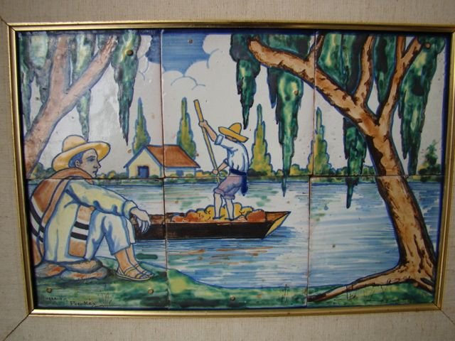 Mexican Rugerio Six Tile Wall Plaque: Mexican Rugerio Six Tile Wall Plaque Rugerio six 5.5" square Tile Wall Plaque circa 1940’s. Man on a lake shore. Framed 16 1/2" x 21 1/2". Antique Rugerio Signed Mexican Pottery Tile Uriarte Please
