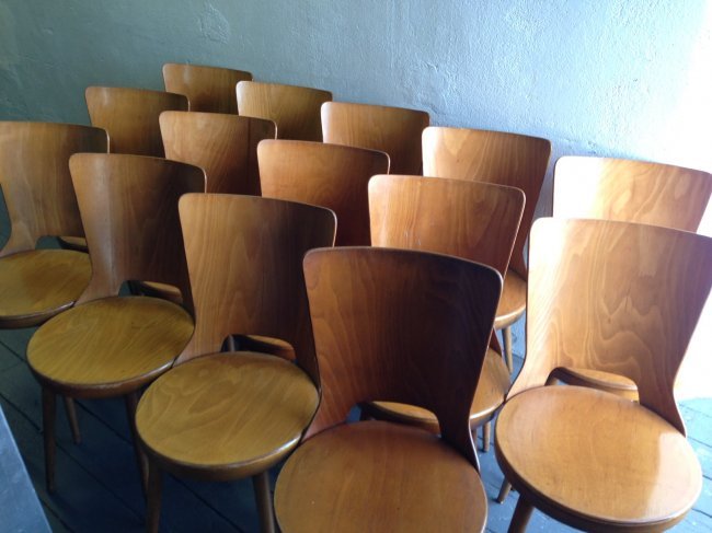 Vintage Bent Plywood Chairs: Vintage Bent Plywood Chairs Quantity: 14 Dimensions: Seat: 17.25" H: 32" Shipping Provider: USPS, FedEx, White Glove Services Domestic: Buyer pays shipping within the Continental USA. International: A