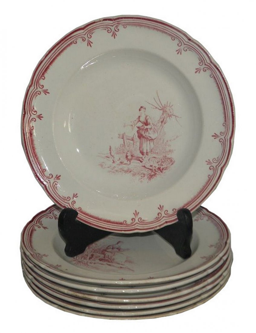 Set of 6 Antique Creil Montereau Hand Painted Bowls: This wonderful set of 6 shallow bowls (so shallow that they are almost plates) are genuine antiques and date to the 1800's. Each is a fine and unusual example in the Cretes Roses pattern by Creil Mont