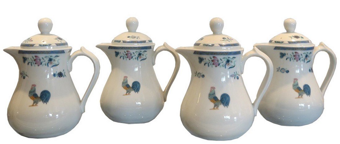 Set of 4 Bernardaud Limoges Porcelain Hot Water Jugs: This is an absolutely fabulous Set of 4 Bernardaud Limoges Porcelain Hot Water Pitchers or Jugs with Blue Chicken. This wonderful set of 4 hot water jugs are genuine Bernardaud Limoges porcelain. Each