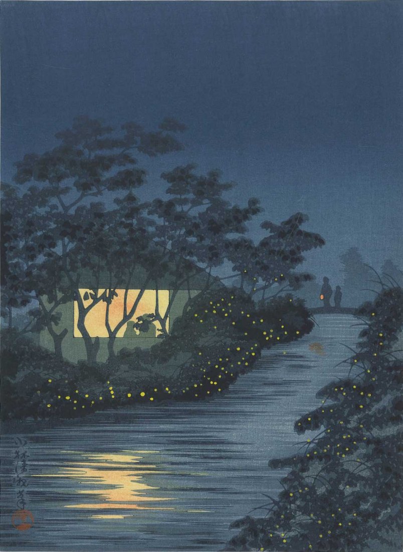 KIYOCHIKA - River of Fireflies at Tennoji: KIYOCHIKA - River of Fireflies at Tennoji Japanese Woodblock Print Size: 7.5" x 10.25" Notes: Published by the Shima Art Company Provenance: Robert O. Muller estate No Reserve B