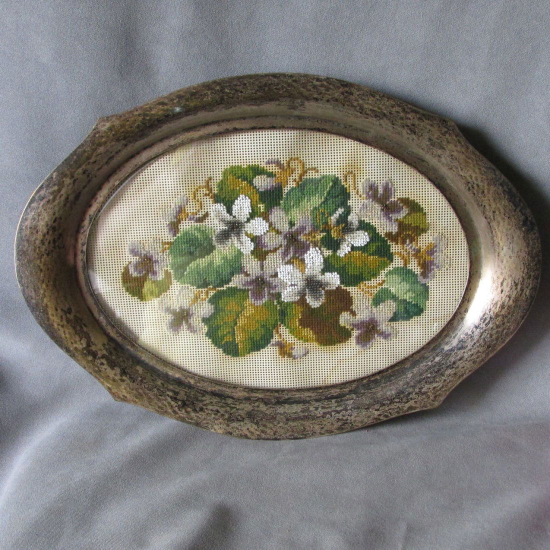 Antique Beaded Needlepoint Perfume Tray: An antique beaded and needlepoint tapestry perfume tray. The tapestry is mounted in a later silverplate frame and can be displayed as a wall hanging or used as a perfume tray. The needlework is wool a