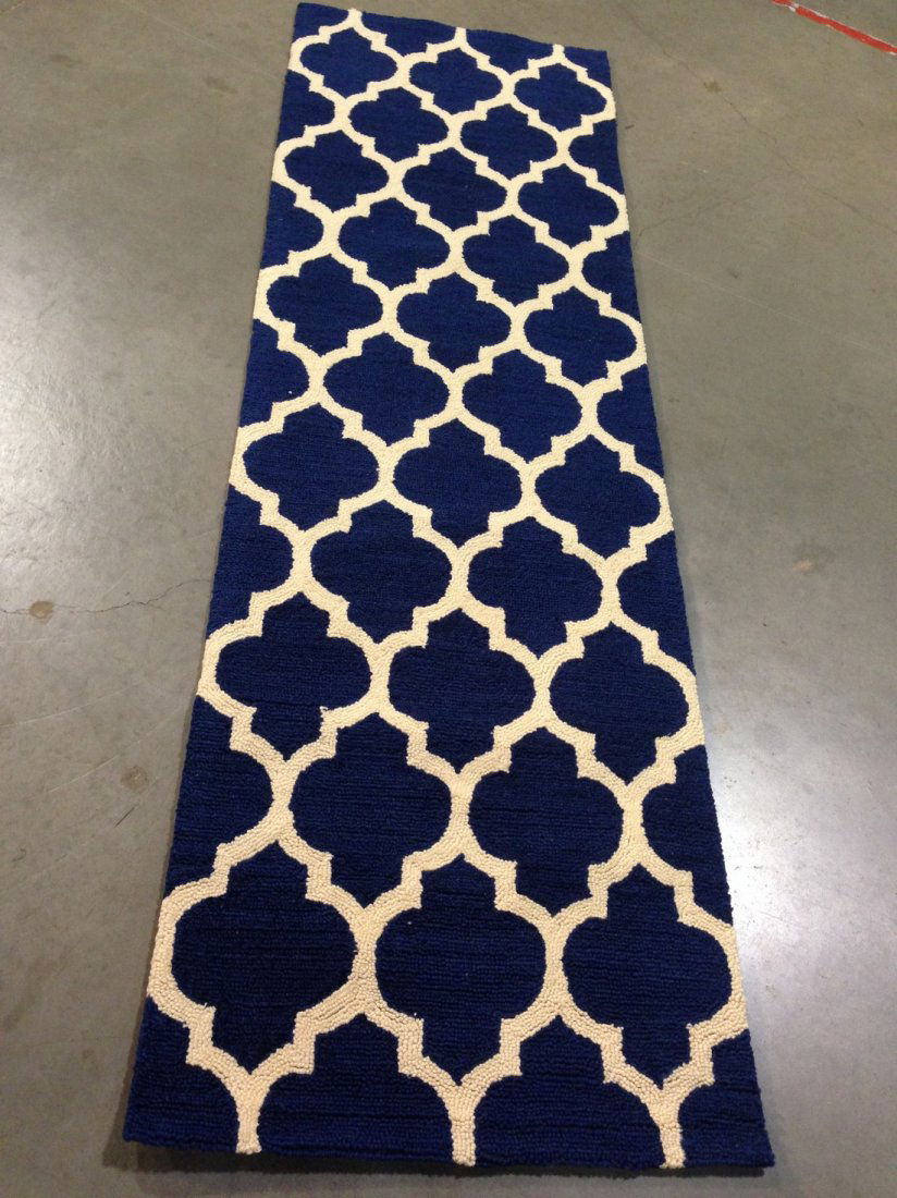 8 FT TEXTURED MOROCCAN DESIGN HAND MADE RUNNER RUG: 2'.3"x7'.6" flat weave textured "Momeni" Brand runner rug in allover Moroccan lattice design, In Navy Blue and Ivory, colors, made of 100% premium quality Polyester, Hand-hooked China No Reserve Free