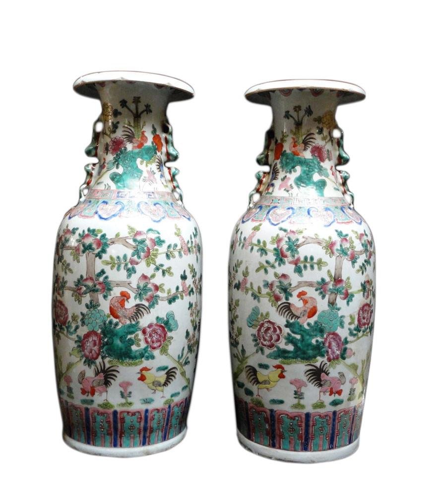 Pair Chinese Porcelain Multi Color Rooster Flowers Tall (1 of 6)