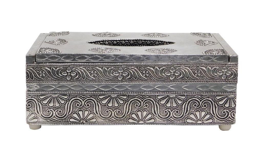 Tissue Paper Holder Wrap With Silver Paper Flower: This beautiful tissue paper holder is made of thin Zinc plate wrap on wood. There are carved flowers on the box.Dimension: w11" x d6" x h4.25" Origin : IndiaPeriod: New No Reserve Buyer pays shipping.