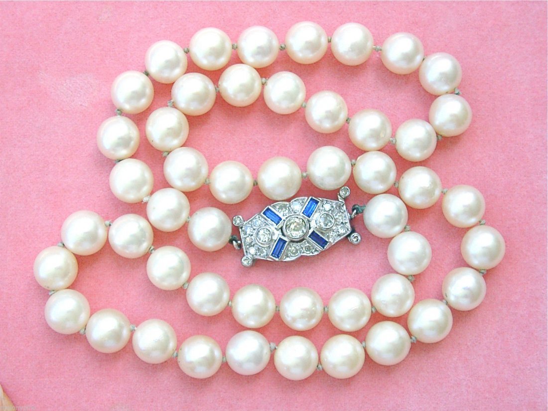 VINTAGE DECO DIAMOND SAPPHIRE CLASP 9mm SALTWATER PEARL (1 of 4)