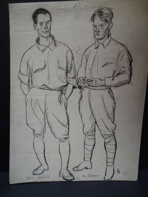 Ejnar Hansen Study of Two Friends: Ejnar Hansen drawing of two men friends, from school period in Denmark. (One of the friends is actually artist Knud Merrild [left], known as the father of the flux painting technique, as well as an in