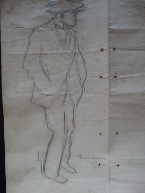 Ejnar Hansen Sketch of a Man in Golf Cap: Ejnar Hansen, sketch of a man from school period in Denmark, 1904. Pencil on paper. 8.5 x 17. No Reserve Buyer pays shipping. This item ships from Los Angeles, CA