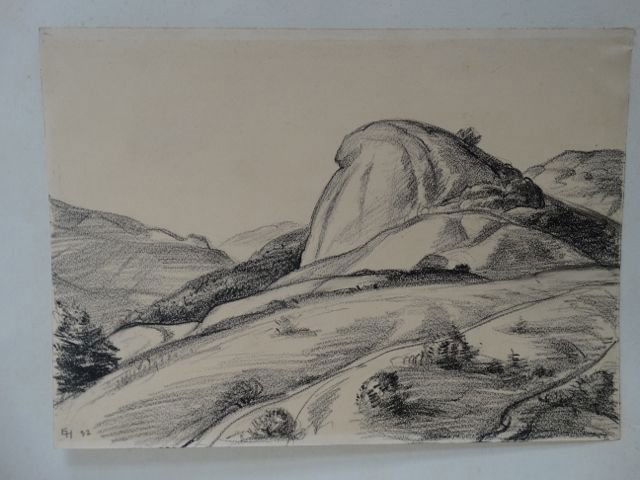 Ejnar Hansen Landscape Drawing: Ejnar Hansen drawing of an old California landscape. Dated 1932. Framed 23 x 19.5, image 14w x 9.5h. No Reserve Buyer pays shipping. This item ships from Los Angeles, CA