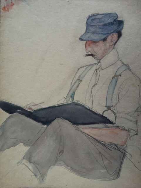 Ejnar Hansen “Seated Man in Suspenders with Cigar”: Ejnar Hansen watercolor of a man writing (or drawing) in his hat and suspenders. From his school period in Denmark. 1904. Paper. 9 x 12. No Reserve Buyer pays shipping. This item ships from Los Angele