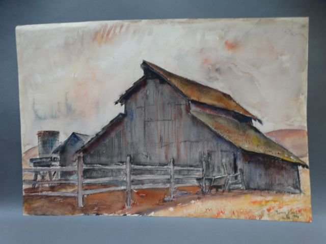Ejnar Hansen Watercolor Old Barn Near Morro Bay 1936: Acquired from the Hansen Estate. Hansen’s gifts as a landscape artist made themselves speedily apparent in Denmark where he was born. This wonderful watercolor is a perfect example of his flowering