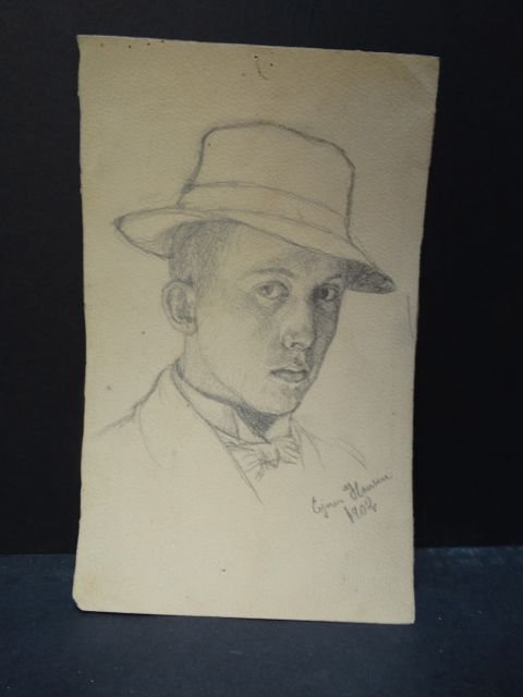 Ejnar Hansen “Self Portrait”: One of two Ejnar Hansen drawings of himself, here in a banded hat. This is from his school period in Denmark, date 1902. Pencil on paper. 5 x 8. No Reserve Buyer pays shipping. This item ships from Lo