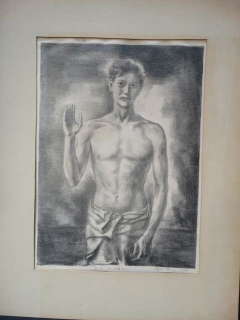 Ejnar Hansen, “Youth of 1942”: Dated 1945, this Ejnar Hansen drawing of a “Youth of 1942” measures 11 x 15, with matte 14 x 19. Heroic depiction of a member of the Greatest Generation called upon to save the world from fascism