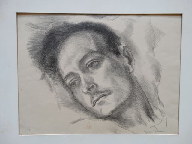 Ejnar Hansen, “Man with Mustache”: Ejnar Hansen lithograph of a man with a mustache – possibly an actor, like Douglas Fairbanks, Jr Image 13 x 10, with matte 22 x 16. No Reserve Buyer pays shipping. This item ships from Los Angeles,