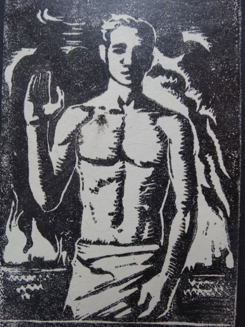 Ejnar Hansen, Man with Raised Hand: Ejnar Hansen, woodblock print of “Man with Raised Hand.” 4 x 6. A marvelous blend of drama and deep peace: the background seems to going up in flames, while the man, a young man with a beatific ex
