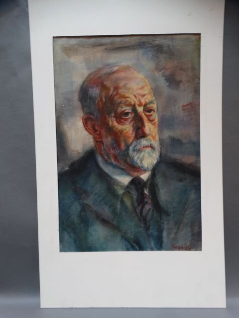Ejnar Hansen Watercolor of Old Gentleman: Ejnar Hansen’s work straddles both the European and California traditions: he is a fascinating exemplar of both. This split becomes very clear when one examines the body of his portrait work. One ca