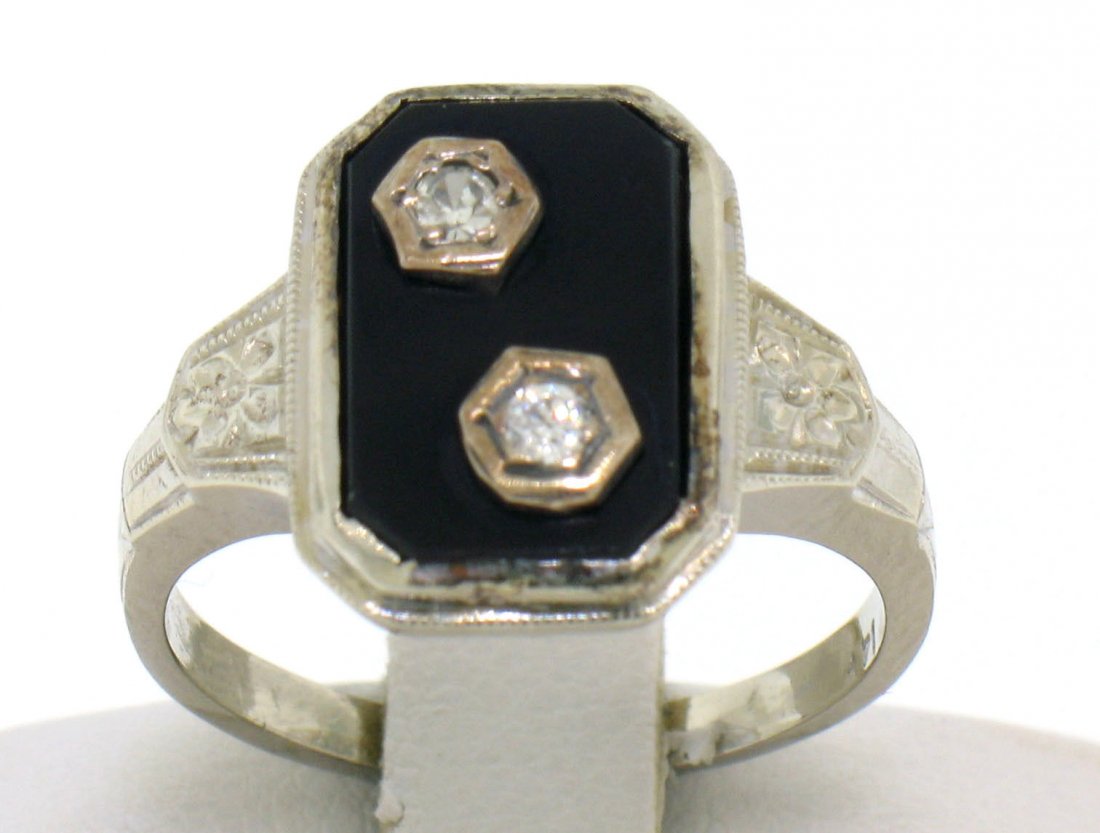 Antique Art Deco 14k White & Rose Gold Black Onyx Etched