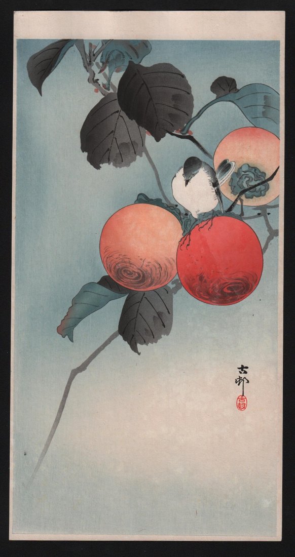 Original Japanese Woodblock print by Koson: Artist: Ohara Koson Subject: Bird & pomegranate Date: c.1910's Size: Measures 7.5" x 14.5" Condition: Excellent impression, good color Shipping Domestic: Flat-rate shipping fee of $12 within the Conti