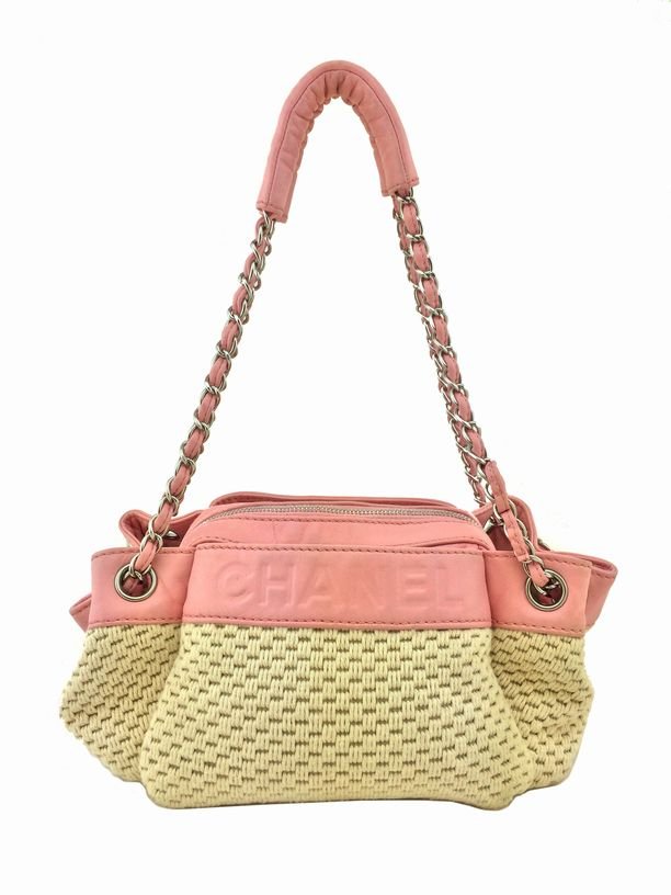 Chanel Cotton Leather Logos Pink Chain Shoulder Bag (1 of 7)