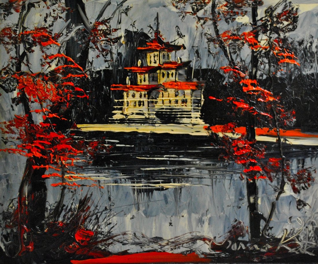 Red Roofed Castle and Lake on a Wintery Day: According to the Guinness Book of World Records, the offbeat artist Morris Katz is the world’s fastest and most prolific painter. Over a career of six decades, Polish-born Katz used toilet paper and