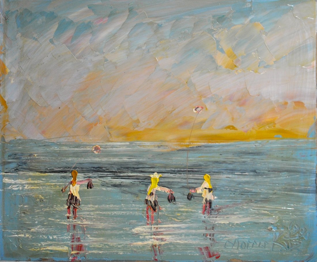 Three Girls Flying Balloons at Beach Sunset: According to the Guinness Book of World Records, the offbeat artist Morris Katz is the world’s fastest and most prolific painter. Over a career of six decades, Polish-born Katz used toilet paper and
