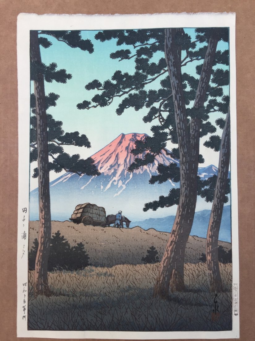 Japanese Woodblock Print Kawase Hasui Dusk at Tagonoura: Japanese Woodblock Print by Kawase Hasui Dusk at Tagonoura Sausage seal, Printed in 1940, 9-5/8" x 14-1/4" + Margins as shown Shipping Domestic: $15 flat-rate shipping fee (tracking number and signatu