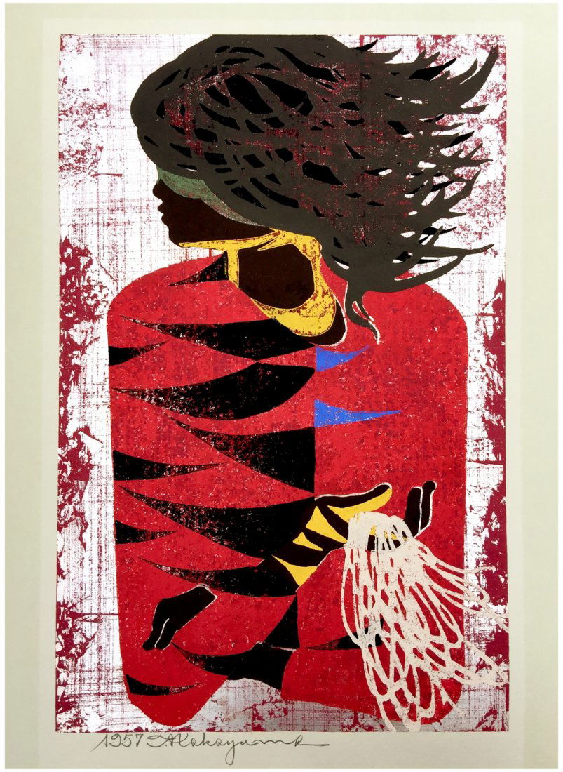 Japanese Woodblock Print  Tadashi Nakayama Red Coat (1 of 3)