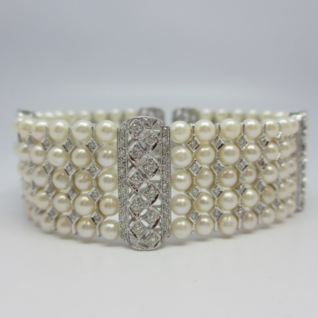 18K White Gold Natural Diamond 5 Row Pearl Bracelet (1 of 7)