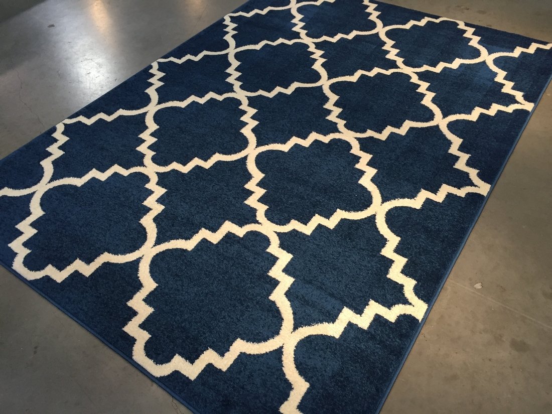 5X7 Moroccan Design Premium Quality Area Rug: 5'.3"X7'.3" Stylish rug in contemporary lattice design, ivory and navy blue colors, premium quality. Twisted, textured. Power loom in Turkey, made of durable and easy care wool like twisted yarn polyp