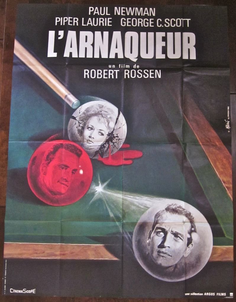 The Hustler - Vintage R82 French Poster: The Hustler - Vintage R82 French Poster - Fun Paul Newman billiards artwork! Vintage R82 French Movie Advertising poster (46" x 61") Mascii art!! Poster is fully folded. Poster has cross fold wear, so