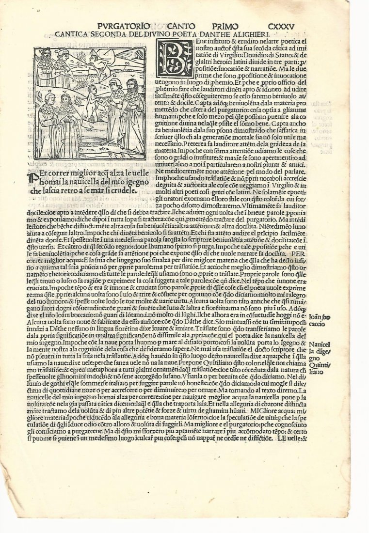 Dante Purgatorio with Woodcut Leaf, 1507: An original leaf from a rare early Renaissance printing of Dante's Divine Comedy. Danthe Alighieri Fiorentino Historiado [Adams D86], Venice, for Bartholomeo de Zanna da Portese , 1507. Commentary by 