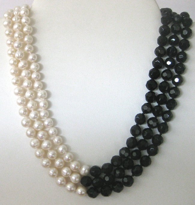 Vintage French Jet & Japanese Pearl Choker/Necklace: Vintage Choker/Necklace of French Jet & Japanese Pearls Circa. 1990 American. . A wonderful combination of black and white in a most unique way. The black of French jet (glass) and the white of Ja