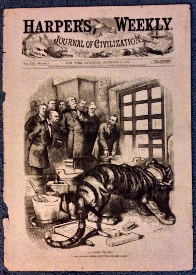 ANTIQUE 1875 Thomas Nast Full Page Harper's Weekly: Antique 1875 Thomas Nast Woodblock Art, signed in image. Thomas Nast Full Page Woodblock Political Cartoon From December 11, 1875 Issue of Harper's Weekly. The Front Page woodblock cartoon, of that Ha