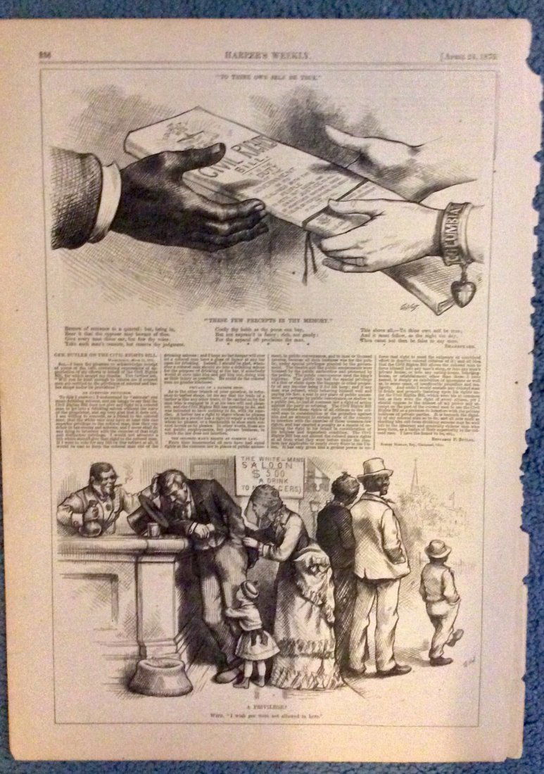 ANTIQUE 1875 Thomas Nast Full Page Harper's Weekly: Antique 1875 Thomas Nast Woodblock Art, signed in images. (2) Thomas Nast Woodblock Political Cartoons on one page. From April 24, 1875 Issue of Harper's Weekly. Interior Page woodblock cartoons, of t