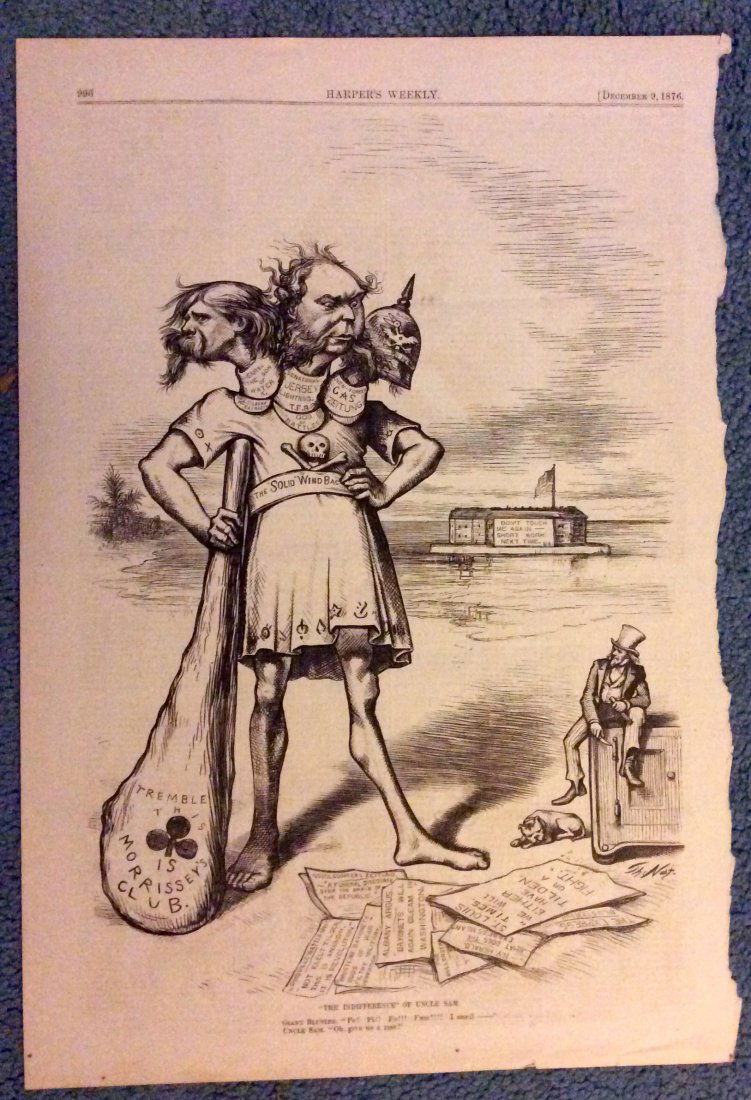 ANTIQUE 1876 Thomas Nast Full Page Harper's Weekly: Antique 1876 Thomas Nast Woodblock Art, signed in image. Thomas Nast Full Page Woodblock Political Cartoon From December 9, 1876 Issue of Harper's Weekly. Interior Page woodblock cartoon, of that Harp
