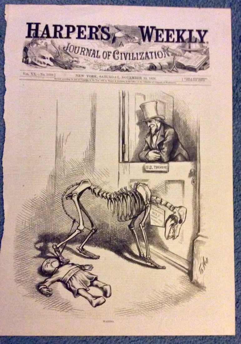 ANTIQUE 1876 Thomas Nast Full Page Harper's Weekly: Antique 1876 Thomas Nast Woodblock Art, signed in image. Thomas Nast Full Page Woodblock Political Cartoon From November 25, 1876 Issue of Harper's Weekly. Front Page woodblock cartoon, of that Harper
