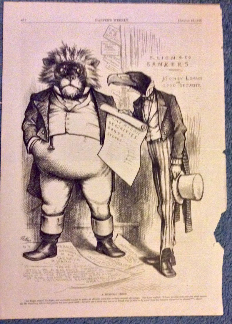 ANTIQUE 1876 Thomas Nast Full Page Harper's Weekly: Antique 1876 Thomas Nast Woodblock Art, signed in image. Thomas Nast Full Page Woodblock Political Cartoon From August 19, 1876 Issue of Harper's Weekly. Interior Page woodblock cartoon, of that Harpe