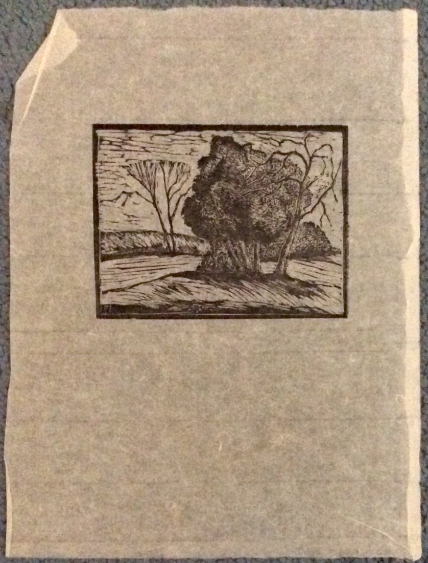 Roy C. Fox Original Wood engraving Art: Wood-engraving On Paper. Edition: unumbered. Title: None. Artist Hand Signed in block; "F" in lower left corner, 1950s. Size: Approximately 3 inches X 4 inches plus margins. Condition: Very Good Condi