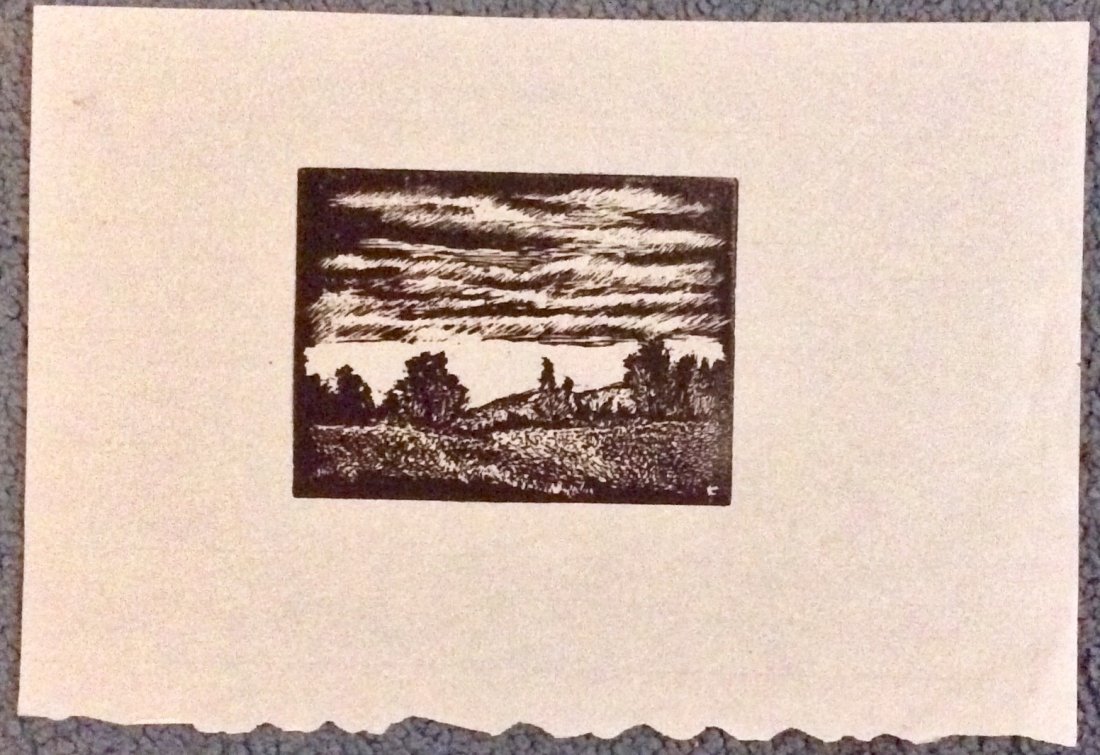 Roy C. Fox Original Wood engraving Art: Wood-engraving On Paper. Edition: unumbered. Title: None. Artist Hand Signed in block; "F" in lower left corner, 1950s. Size: Approximately 3 inches X 4 inches plus margins. Condition: Very Good Condi