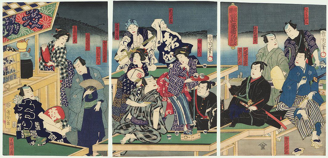 Relaxing at a Tea Stand, 1870 Original Kunichika: Comments - Terrific kabuki scene of a group of men and women relaxing at a tea stand along the water's edge on a summer night. At left, a waitress stands beside the counter drying a lacquer tray, a ke