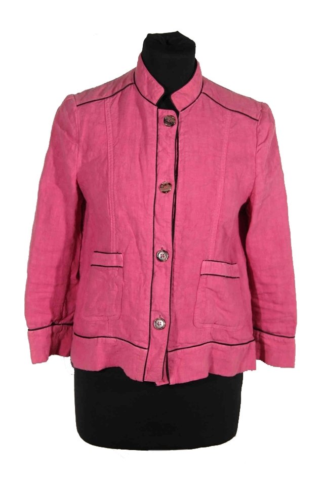 ETRO MILANO Italian Pink Linen JACKET Contrast Trim w/: ETRO MILANO Italian Pink Linen JACKET Contrast Trim w/ STANDING COLLAR Sz 42 IT Brand:ETRO Milano made in Italy Logos / Tags: 'ETRO Milano' tag, size tag (42 IT), composition tag Condition (please rea