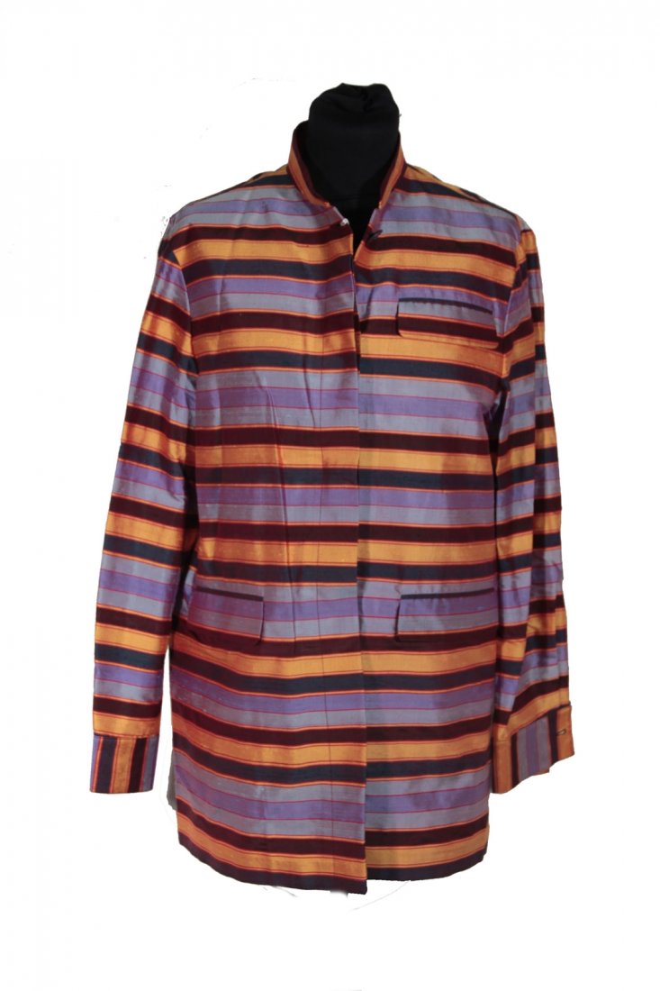 ETRO MILANO Italian Multicolor SILK Striped JACKET w/: ETRO MILANO Italian Multicolor SILK Striped JACKET w/ MANDARIN COLLAR Size 40 IT Brand: ETRO Milano - Made in Italy Logos / Tags: 'ETRO Milano' tag, size tag (40 IT), composition tag, designer's butto