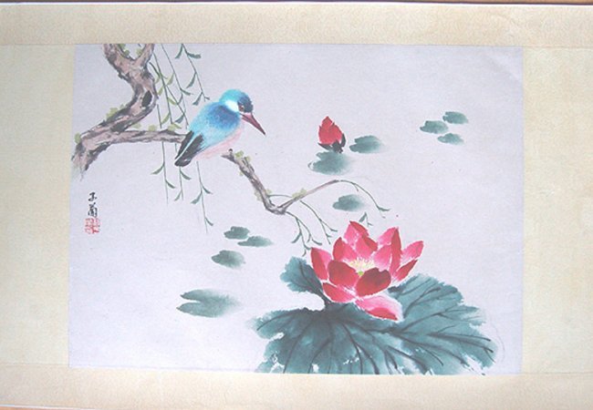 Chinese Silk Paper Scroll, Blue Bird and Water Lillies (1 of 1)