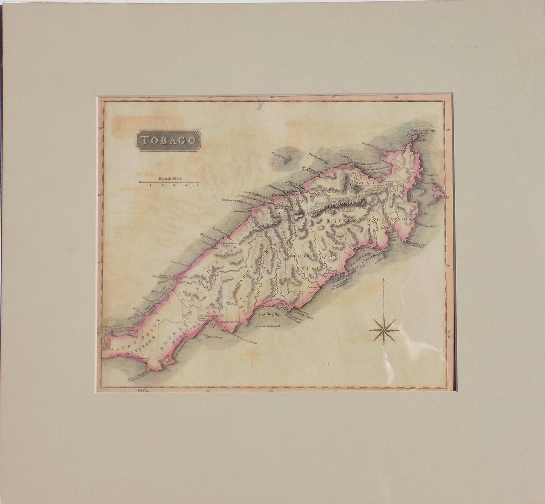 Map of Tobago, 1816: Original engraving of Tobago, West Indies, Caribbean, by John Thomson 1816. Dimensions: 16" x 17 1/2" Shipping Domestic: Shipping rates are determined by destination. International: Foreign shipping r