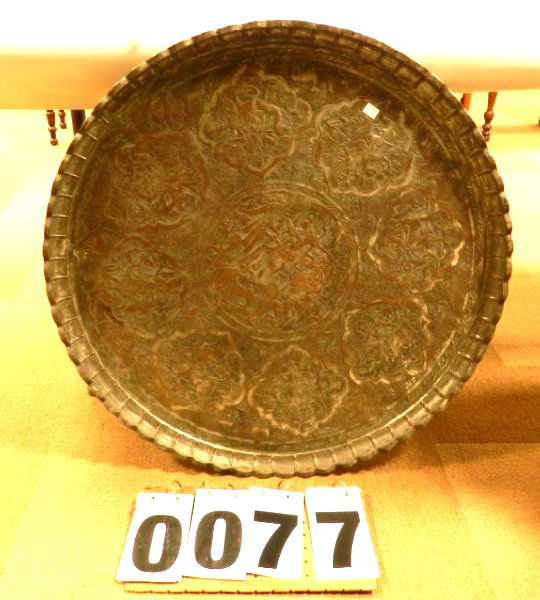 Solid Brass Hand Tooled Tray: Solid Brass 19th Century India hand tooled tray with People play- ing musical instruments. (30" round)
