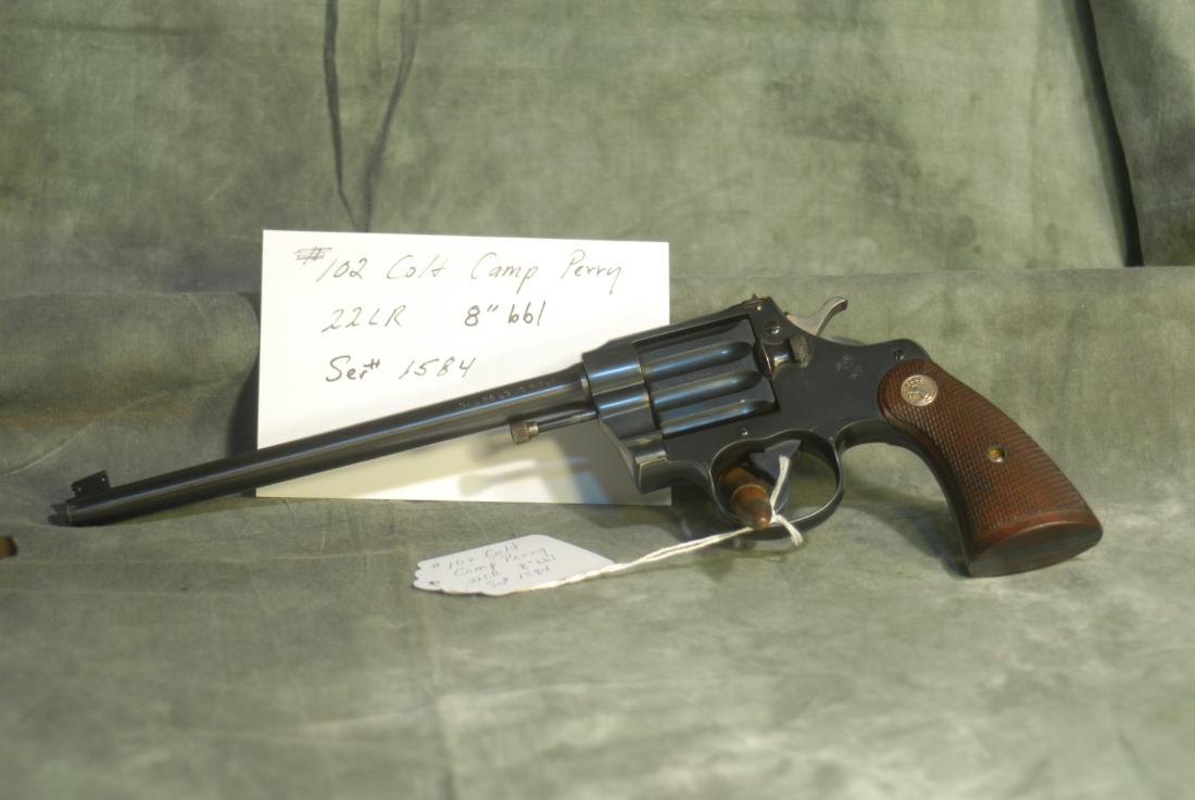 Colt: Camp Perry Serial #158.22 LR 9" barrel Blue finish- W/Original box & last receipt circa '68