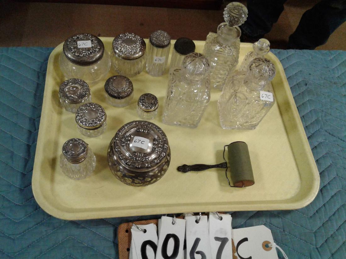 15-Piece Dresser Set Sterling Covered: All 1890's Sterling Dresser Set assemble-(1) overlay powder dish (1)handled stamp roller (1)covered cut glass small inkwell (8)covered cut glass jars(2)matching cut glass stoppened bottles of quality 