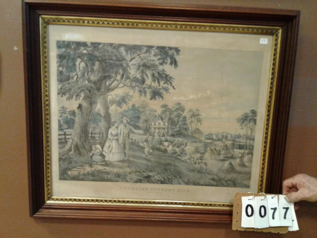 CURRIER+IVES "Summer Evening": Published 152 Nassau NY 1855-FF Palmer DE- Hand Colored Lithograph American Country Life "Summer Evening"(had a mature restoration to upper left foxing border only) Print 25 1/2"W x 20 3/4"H, w/frame 